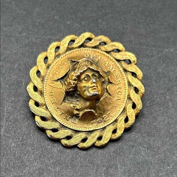 Vintage 1927 Lady Liberty Replica Pop Through Coin Brooch Pin Pendant - Picture 1 of 5